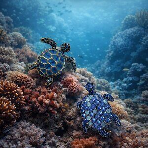 Set of 2 Blue Turtle Pins Brooches Rhinestones New